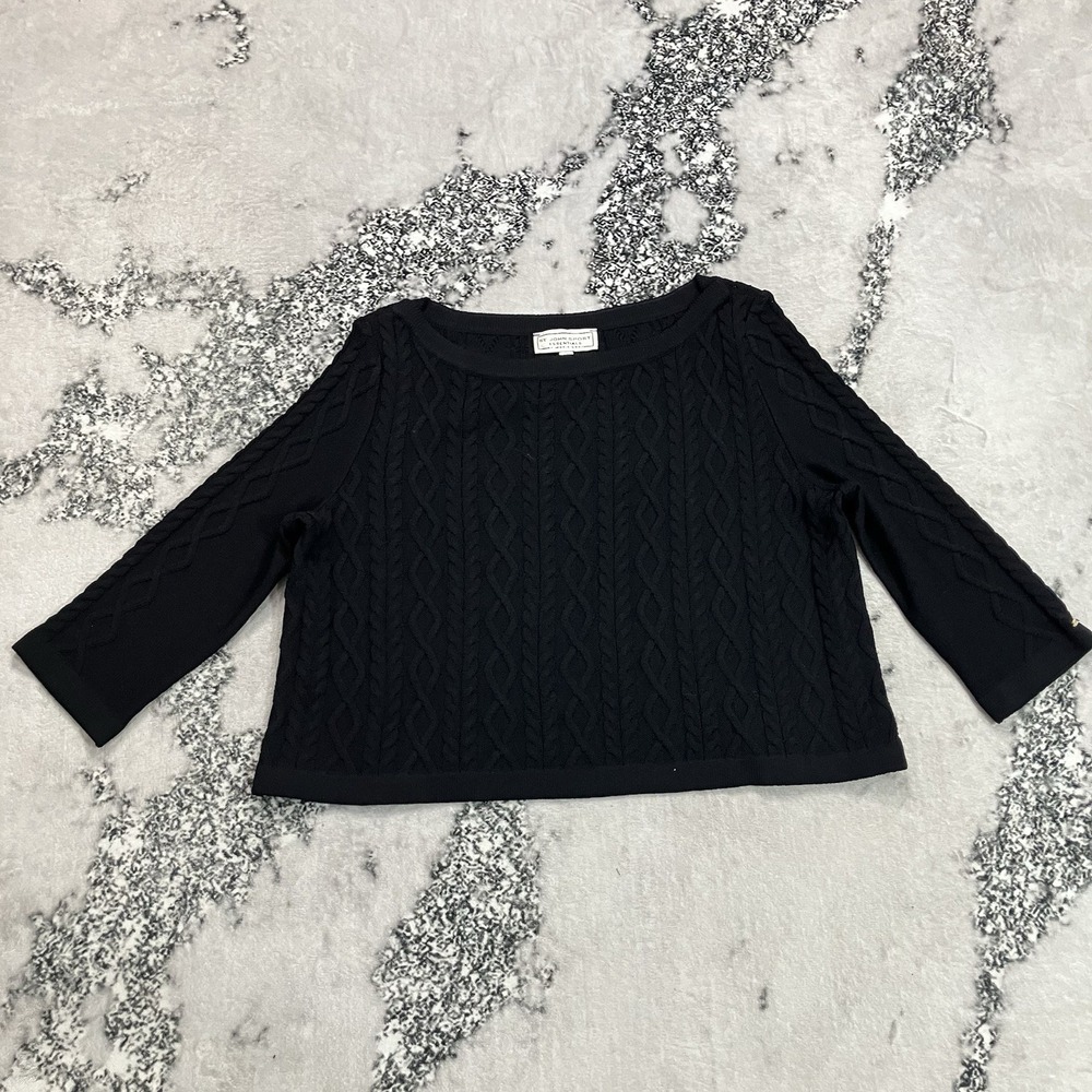 St. John Sport Essentials Marie Gray Sweater Sz XL Black Cable Knit Wool Blend